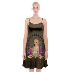 Cute Little Puppy With Flowers Spaghetti Strap Velvet Dress