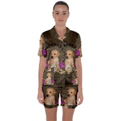 Cute Little Puppy With Flowers Satin Short Sleeve Pyjamas Set by FantasyWorld7