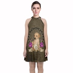 Cute Little Puppy With Flowers Velvet Halter Neckline Dress  by FantasyWorld7