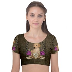 Cute Little Puppy With Flowers Velvet Short Sleeve Crop Top  by FantasyWorld7