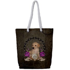 Cute Little Puppy With Flowers Full Print Rope Handle Tote (small) by FantasyWorld7