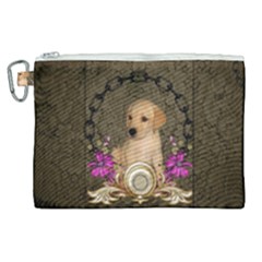 Cute Little Puppy With Flowers Canvas Cosmetic Bag (xl) by FantasyWorld7