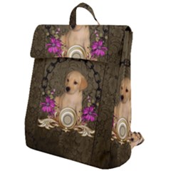 Cute Little Puppy With Flowers Flap Top Backpack by FantasyWorld7