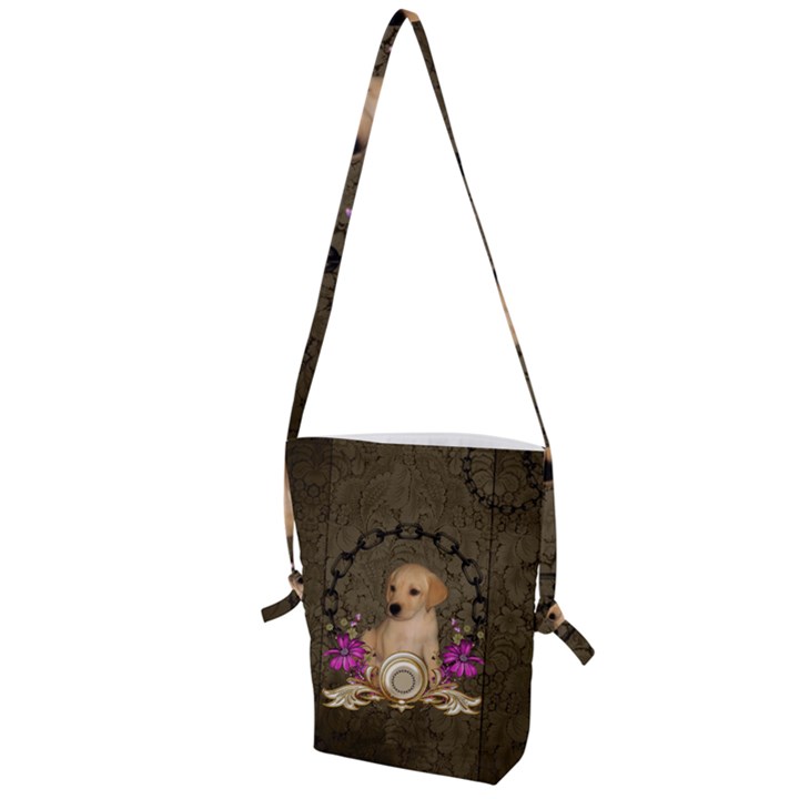 Cute Little Puppy With Flowers Folding Shoulder Bag