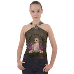 Cute Little Puppy With Flowers Cross Neck Velour Top