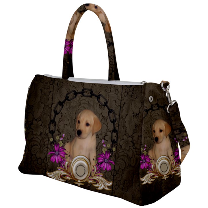 Cute Little Puppy With Flowers Duffel Travel Bag