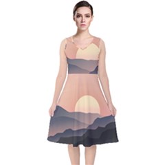 Sunset Sky Sun Graphics V-neck Midi Sleeveless Dress  by HermanTelo