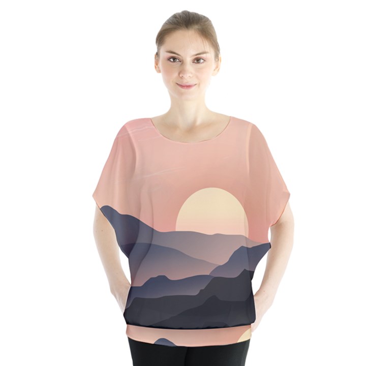 Sunset Sky Sun Graphics Batwing Chiffon Blouse