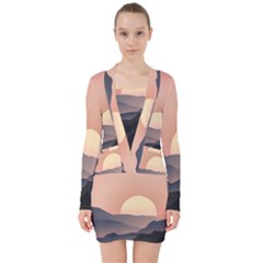 Sunset Sky Sun Graphics V-neck Bodycon Long Sleeve Dress by HermanTelo