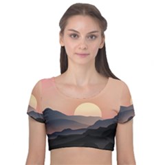 Sunset Sky Sun Graphics Velvet Short Sleeve Crop Top 