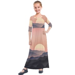 Sunset Sky Sun Graphics Kids  Quarter Sleeve Maxi Dress by HermanTelo