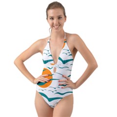 Sunset Glow Sun Birds Flying Halter Cut-out One Piece Swimsuit