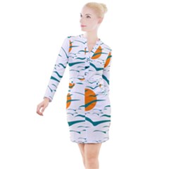 Sunset Glow Sun Birds Flying Button Long Sleeve Dress