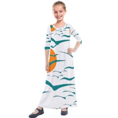 Sunset Glow Sun Birds Flying Kids  Quarter Sleeve Maxi Dress by HermanTelo