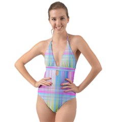 Texture Abstract Squqre Chevron Halter Cut-out One Piece Swimsuit