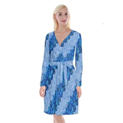 Texture Surface Blue Shapes Long Sleeve Velvet Front Wrap Dress