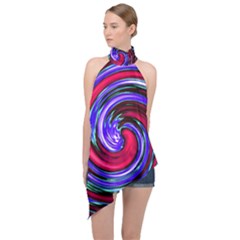 Swirl Vortex Motion Halter Asymmetric Satin Top