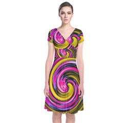 Swirl Vortex Motion Pink Yellow Short Sleeve Front Wrap Dress