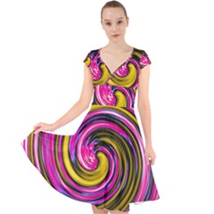 Swirl Vortex Motion Pink Yellow Cap Sleeve Front Wrap Midi Dress