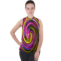 Swirl Vortex Motion Pink Yellow Mock Neck Chiffon Sleeveless Top by HermanTelo