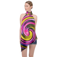 Swirl Vortex Motion Pink Yellow Halter Asymmetric Satin Top by HermanTelo