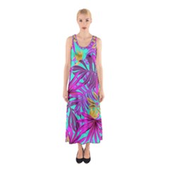 Tropical Greens Pink Leaves Sleeveless Maxi Dress