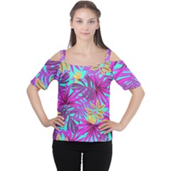 Tropical Greens Pink Leaves Cutout Shoulder Tee