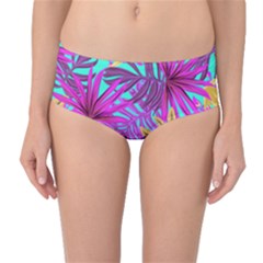 Tropical Greens Pink Leaves Mid-waist Bikini Bottoms