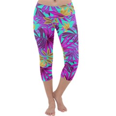 Tropical Greens Pink Leaves Capri Yoga Leggings