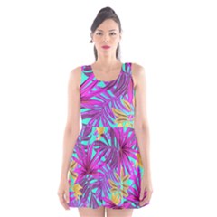 Tropical Greens Pink Leaves Scoop Neck Skater Dress