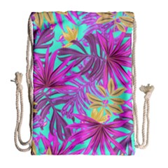 Tropical Greens Pink Leaves Drawstring Bag (large)