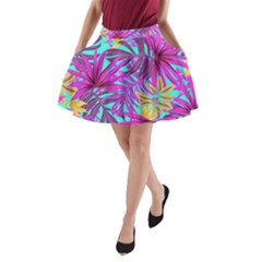 Tropical Greens Pink Leaves A-line Pocket Skirt