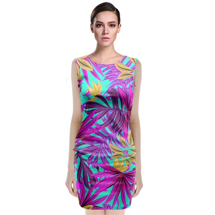 Tropical Greens Pink Leaves Classic Sleeveless Midi Dress