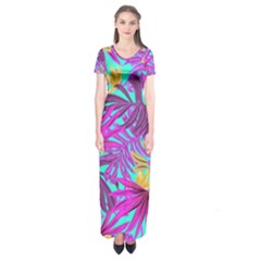 Tropical Greens Pink Leaves Short Sleeve Maxi Dress