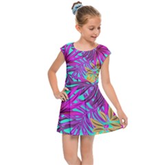 Tropical Greens Pink Leaves Kids  Cap Sleeve Dress