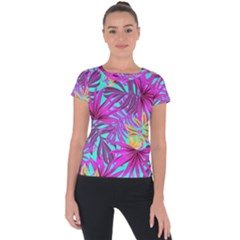 Tropical Greens Pink Leaves Short Sleeve Sports Top 