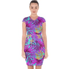 Tropical Greens Pink Leaves Capsleeve Drawstring Dress 