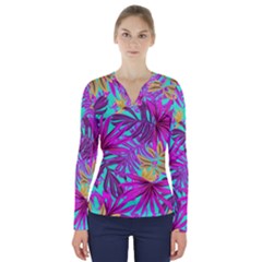 Tropical Greens Pink Leaves V-neck Long Sleeve Top