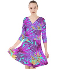 Tropical Greens Pink Leaves Quarter Sleeve Front Wrap Dress