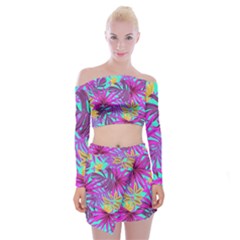 Tropical Greens Pink Leaves Off Shoulder Top With Mini Skirt Set