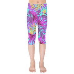 Tropical Greens Pink Leaves Kids  Capri Leggings 