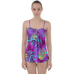 Tropical Greens Pink Leaves Babydoll Tankini Set