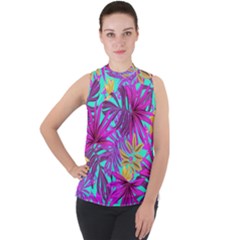 Tropical Greens Pink Leaves Mock Neck Chiffon Sleeveless Top