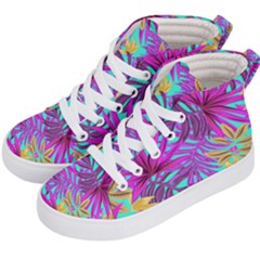 Tropical Greens Pink Leaves Kids  Hi-top Skate Sneakers