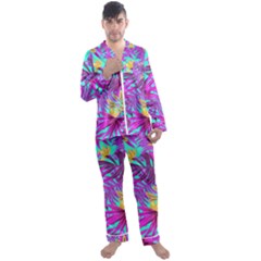 Tropical Greens Pink Leaves Men s Satin Pajamas Long Pants Set