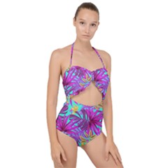 Tropical Greens Pink Leaves Scallop Top Cut Out Swimsuit