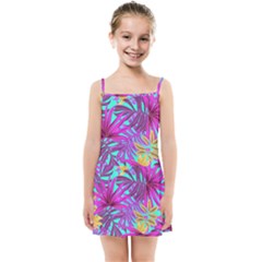 Tropical Greens Pink Leaves Kids  Summer Sun Dress