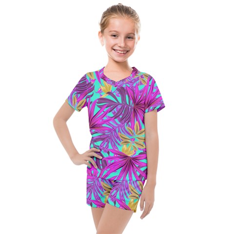 Tropical Greens Pink Leaves Kids  Mesh Tee And Shorts Set by HermanTelo