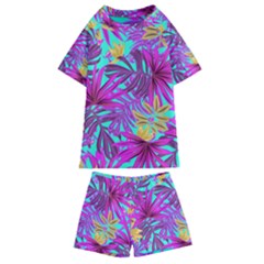 Tropical Greens Pink Leaves Kids  Swim Tee And Shorts Set