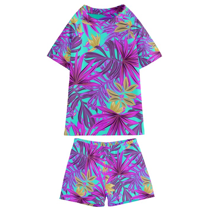 Tropical Greens Pink Leaves Kids  Swim Tee and Shorts Set